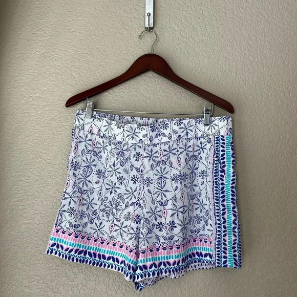 Lilly Pulitzer 5” Neilah Pull On Shorts Large Rayon Pink Blue Tropical - Picture 2 of 7